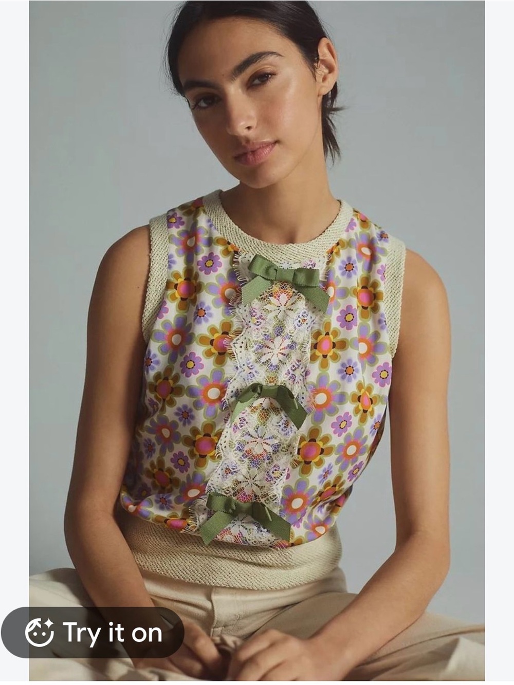 Reath & Wren Anthropologie Green Bow Floral Lace Sleeveless Top